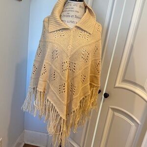 Free People Cream Knit Poncho with Fringe